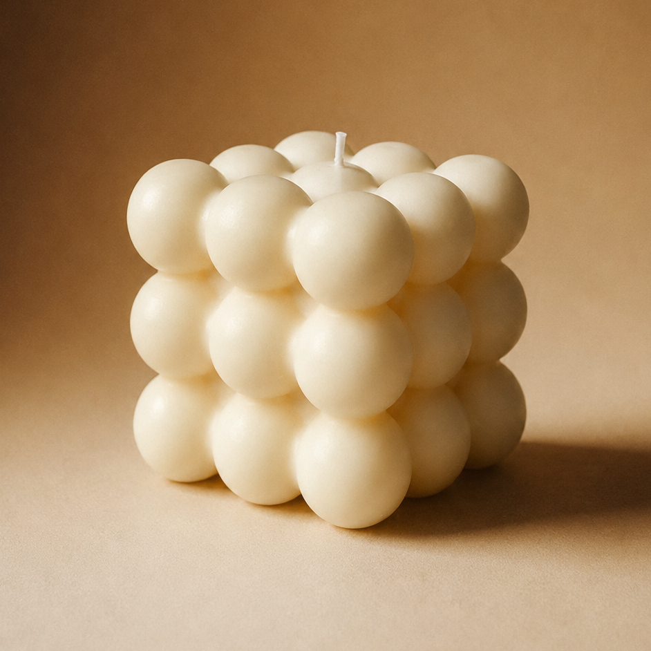 A cream-colored bubble candle with spherical clusters forming a cube shape, set against a warm brown studio background.